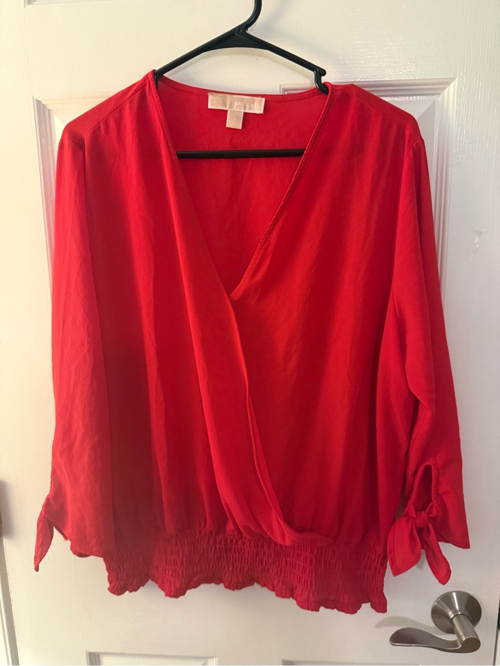 Michael Kors Red Wrap-Front Blouse with Tie Sleeves - Picture 3 of 8